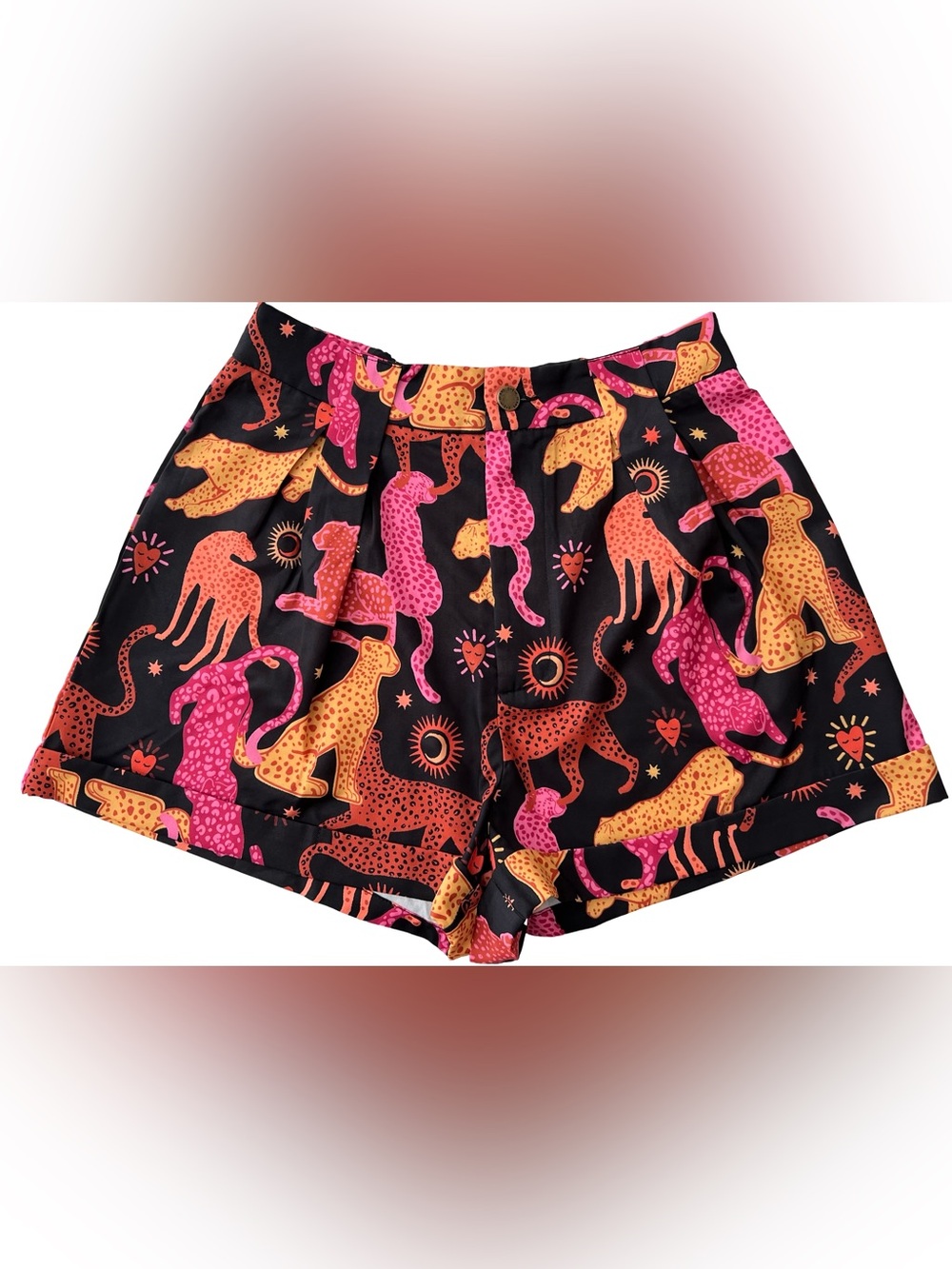 SHEIN Black High-Waist Shorts with Pink & Orange Leopard Motif